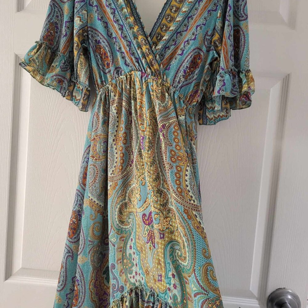 Earthbound Turqouise Green Blue Boho Ruffle Maxi Dress M - Picture 8 of 9